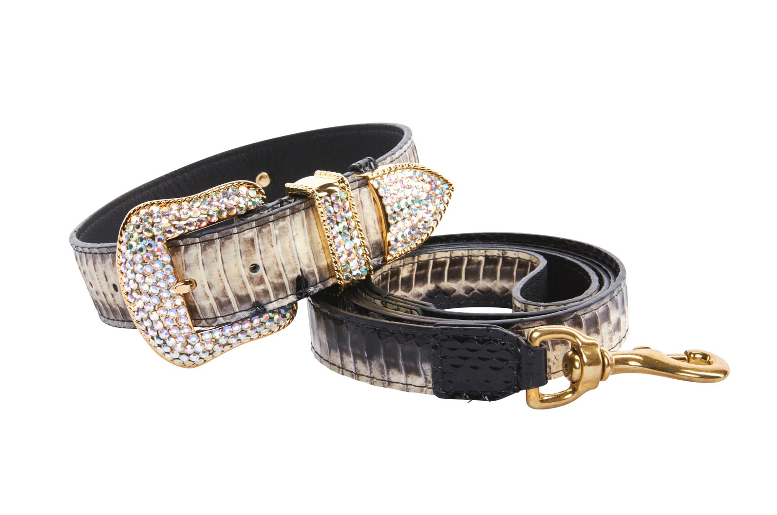 Off White/Black Snake With Gold Swarovski Crystal Hardware Collar &