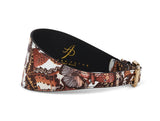 3-inch wide black leather collar with a detailed butterfly print in shades of brown, white, and orange, featuring gold-tone buckle hardware.