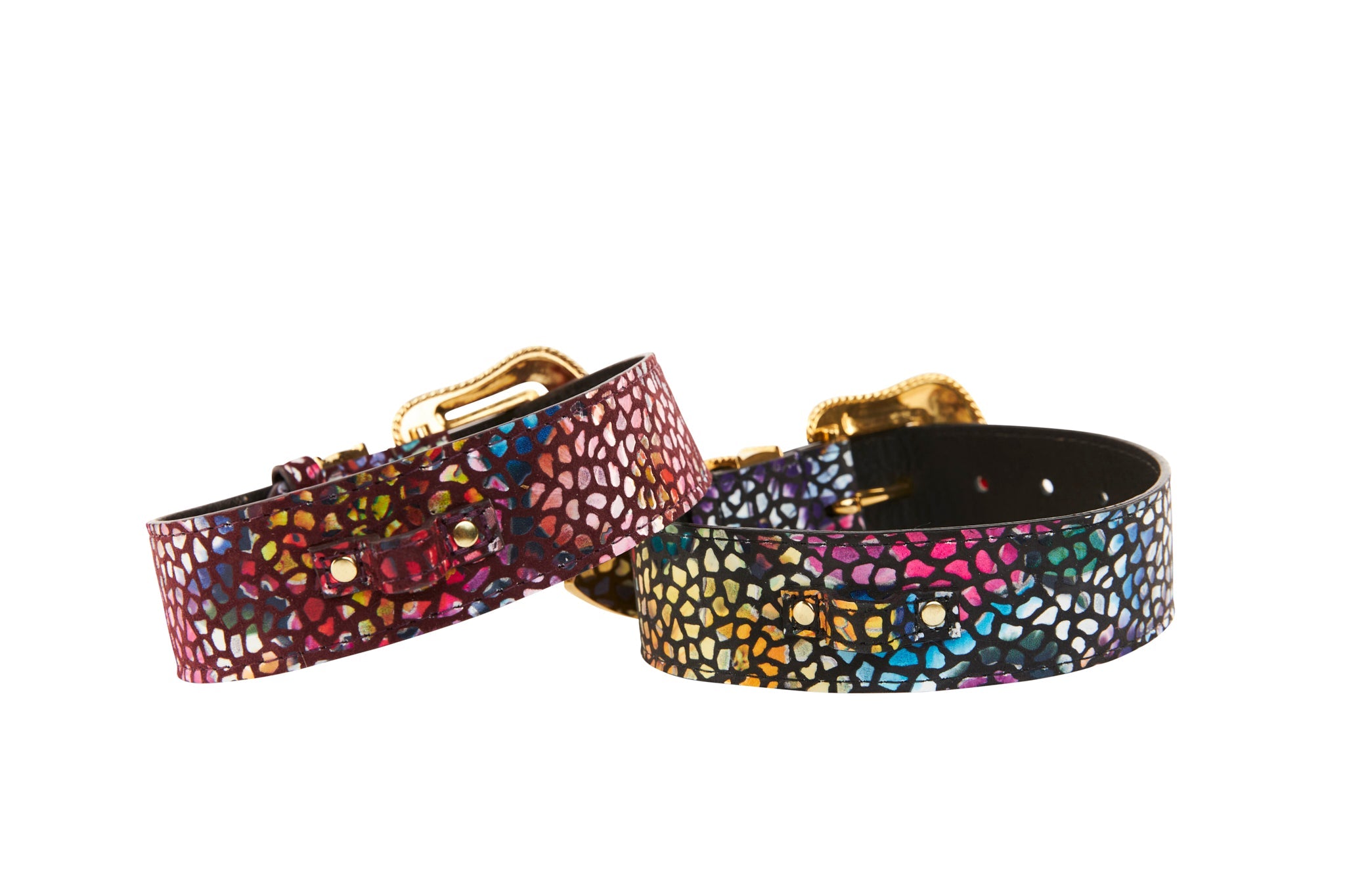 Luxury Pet Fashion Burgundy & Black Floral Mosaic Italian Leather Collar Set with Silver Swarovski Crystal Hardware