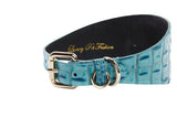 Turquoise embossed croc pattern Italian leather collar with 3-inch width and gold-tone buckle and D-ring hardware, curved to show interior text.