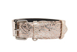Soft pink and silver floral print Italian leather dog collar with a silver metal buckle and D-ring, shown against a white background.