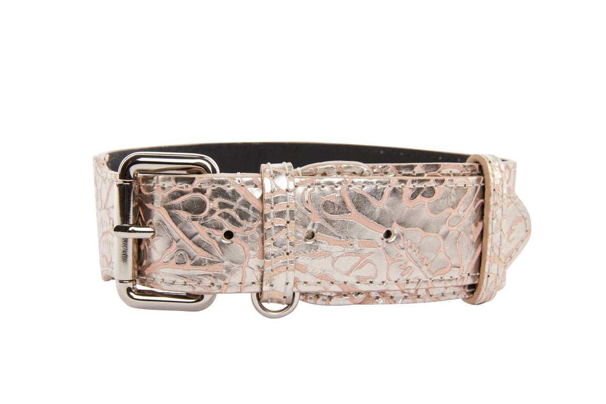 Soft pink and silver floral print Italian leather dog collar with a silver metal buckle and D-ring, shown against a white background.