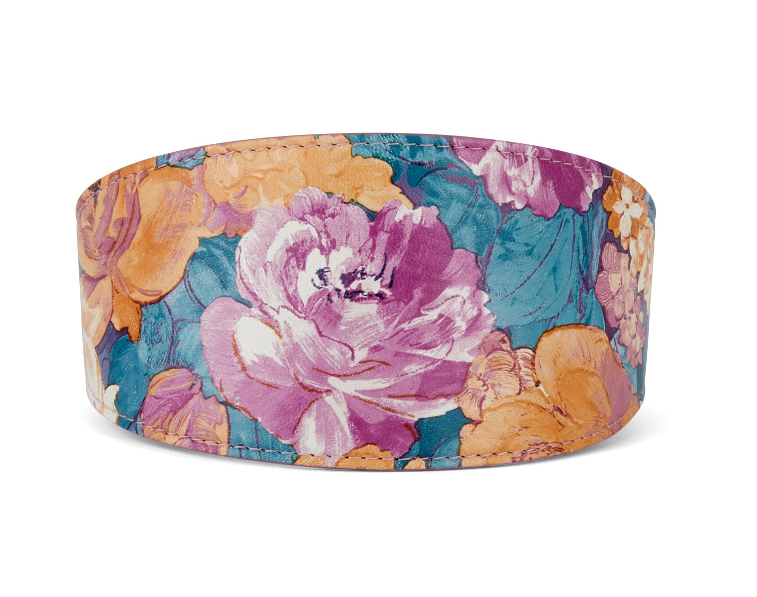 Floral Print Italian Leather 3 inch Wide Style Collar with colorful floral pattern