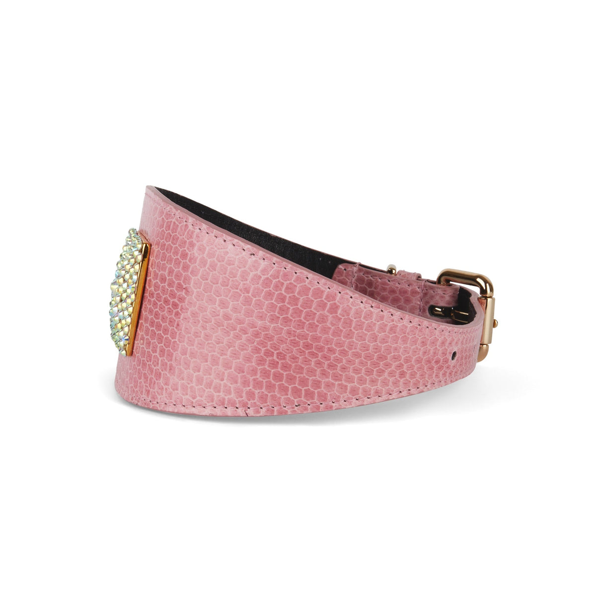 Soft pink 3-inch wide collar with subtle snake scale texture and a rectangular cluster of custom Swarovski rivets near the gold buckle clasp