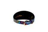 Dark midnight blue floral mosaic Italian leather dog collar with gold buckle and ring, 3 inches wide with a textured, multicolor pattern.