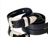 Black embossed python Italian leather dog collar and leash set with silver Swarovski Italian hardware on neutral background