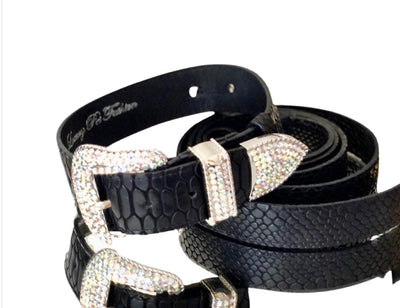 Black embossed python Italian leather dog collar and leash set with silver Swarovski Italian hardware on neutral background