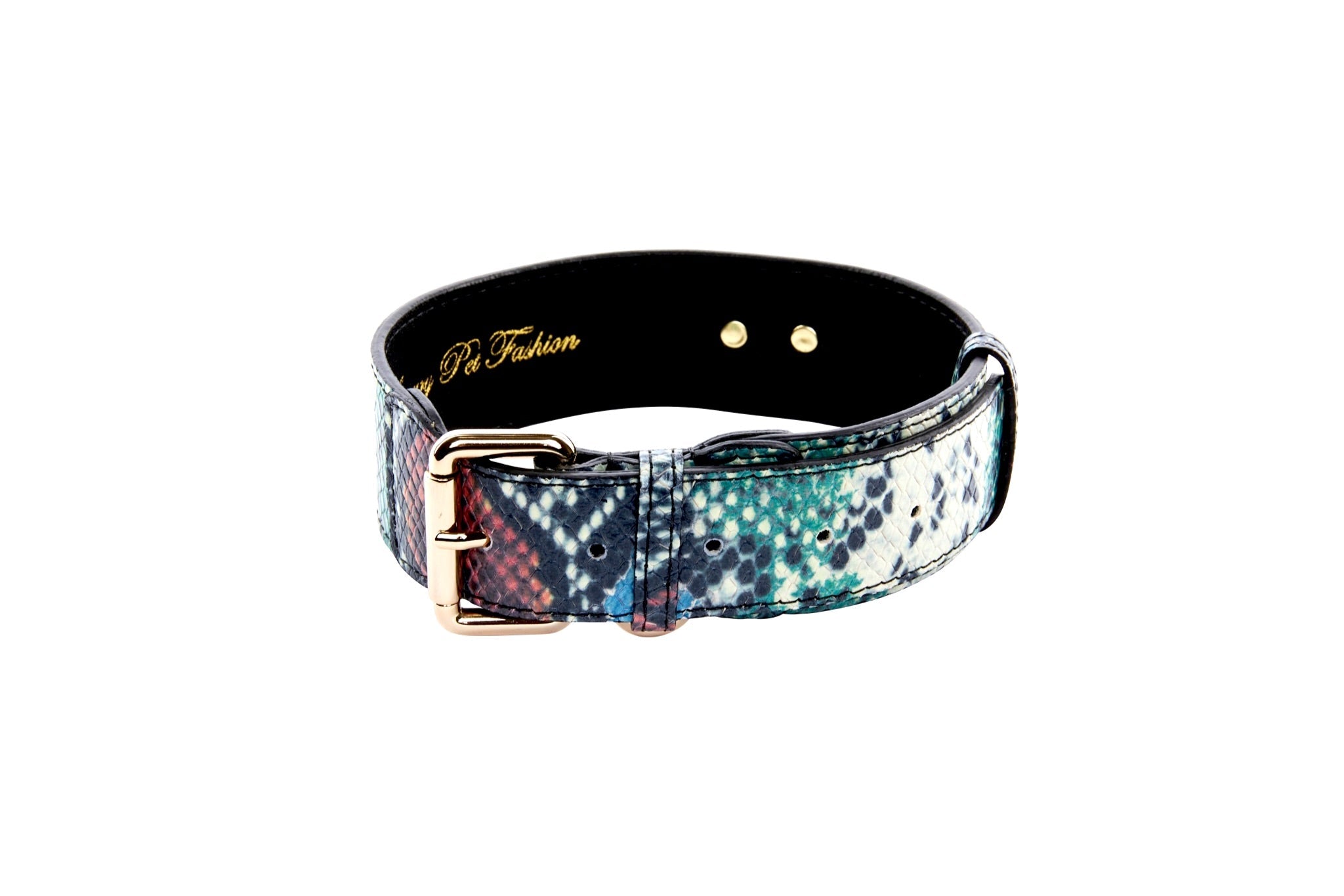 Green, Blue, Black, Red Embossed Snake Italian Leather Collar With Gold