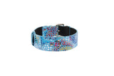 Blue leather dog collar with a multicolor floral mosaic pattern and metal buckle and D-ring hardware, shown on a white background.