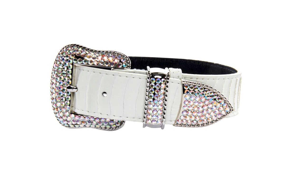 Matte white snake-patterned collar with silver buckle, keeper, and tip adorned with sparkling multi-colored Swarovski crystals.
