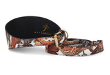 3-inch wide Italian leather dog collar and matching leash with orange, brown, and white butterfly print and gold-tone hardware, shown coiled on white background.