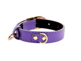 Small purple leather collar with vintage-inspired gold hardware including D-ring and buckle, shown curved on a white background.