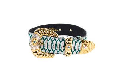 Green & Off White Embossed Python Print Italian Leather With Ornate by Allysa Payne Beverly Hills - product image 3 for Resin Society