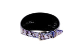 Purple, silver, and black iridescent snake pattern collar with a shiny silver buckle, 3 inches wide, shown against a white background.