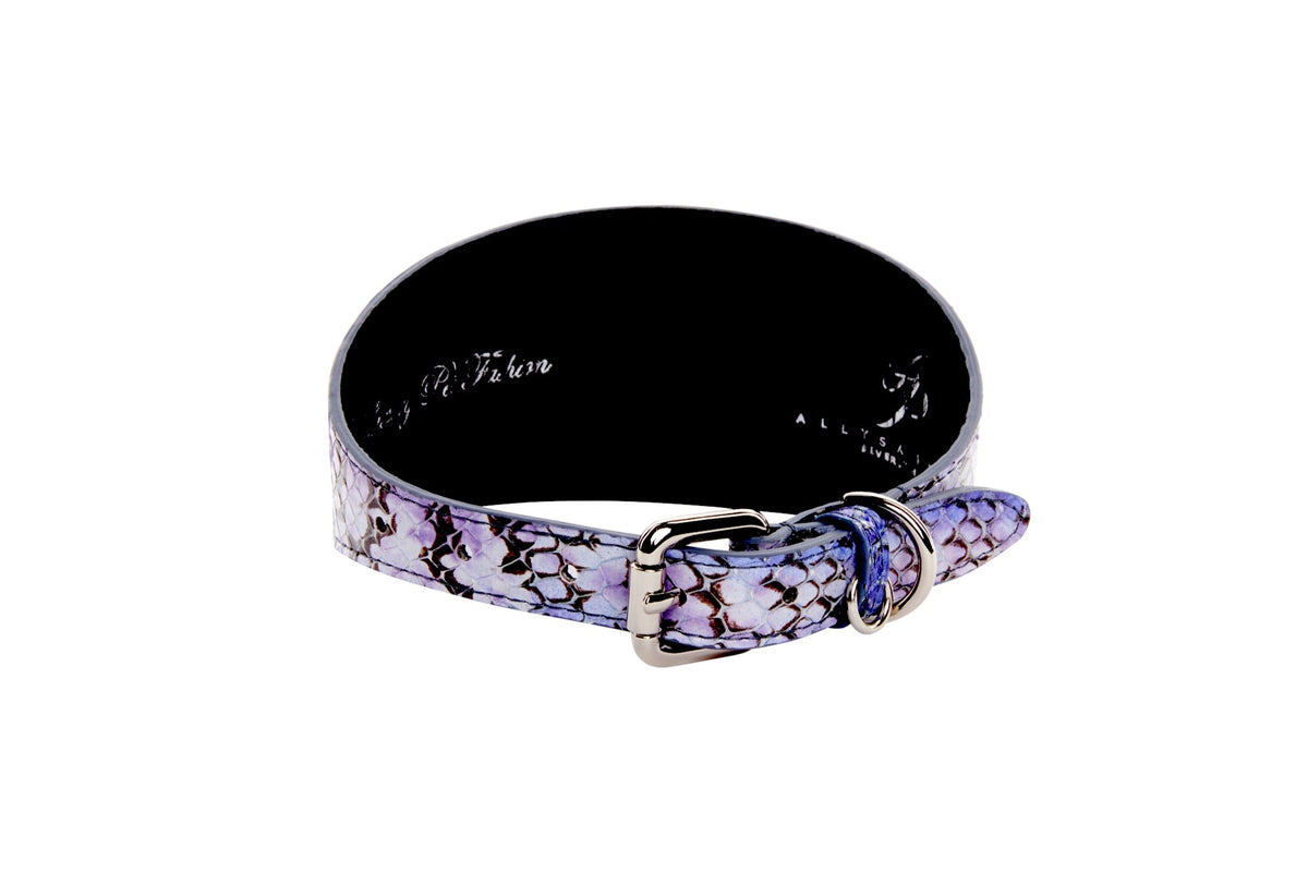 Purple, silver, and black iridescent snake pattern collar with a shiny silver buckle, 3 inches wide, shown against a white background.