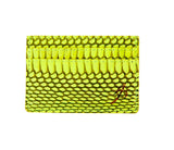 Neon green card wallet with textured viper snake skin pattern and black geometric scales, featuring a subtle red logo on the bottom right corner.