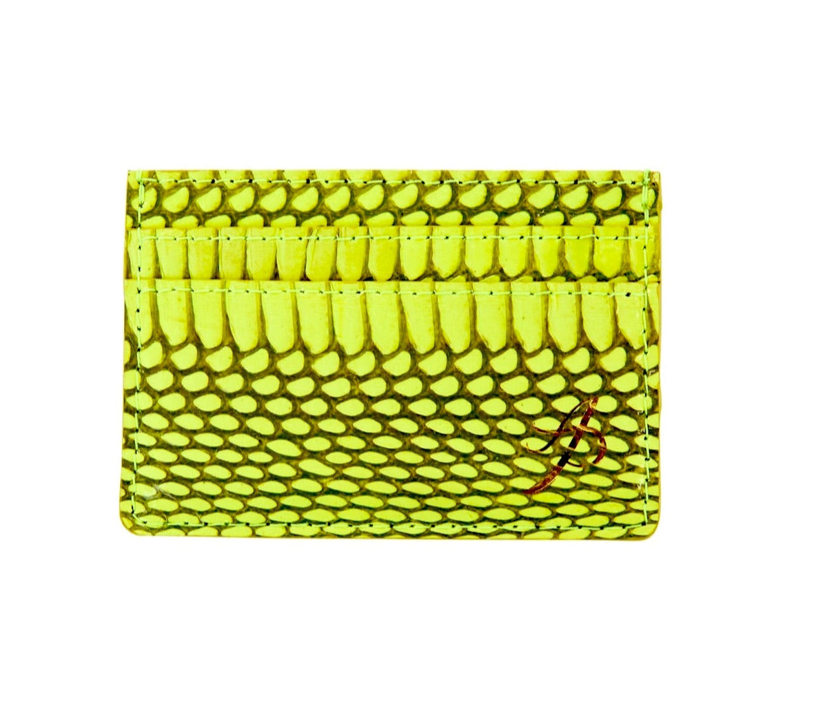 Neon green card wallet with textured viper snake skin pattern and black geometric scales, featuring a subtle red logo on the bottom right corner.
