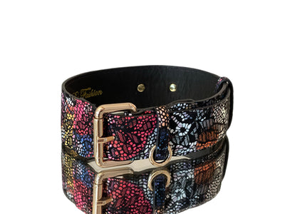 Black floral lace leather dog collar with gold hardware by Allysa Payne Beverly Hills