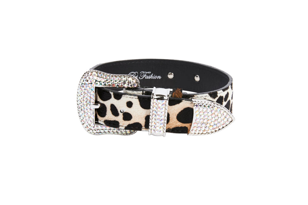 Luxury pet collar with animal print leather and Swarovski crystal hardware