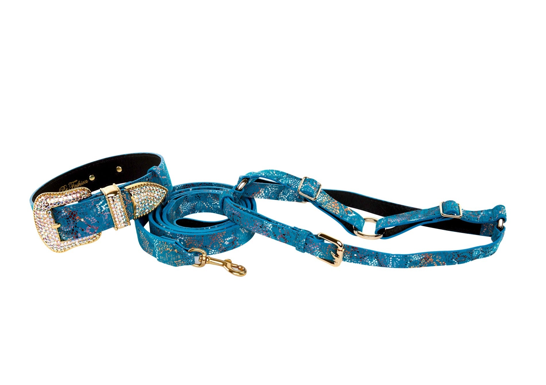 Blue floral mosaic Italian leather collar, leash, and harness set with Swarovski embellishments