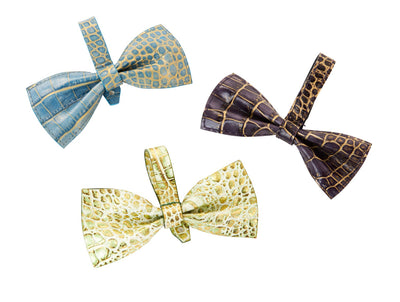 Set of three blue, purple, green and gold embossed croc Italian leather bowties from Allysa Payne Beverly Hills