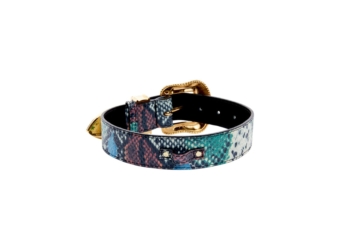 Leather collar with embossed snake pattern in green, blue, black, and red, featuring a polished gold buckle and gold hardware details.