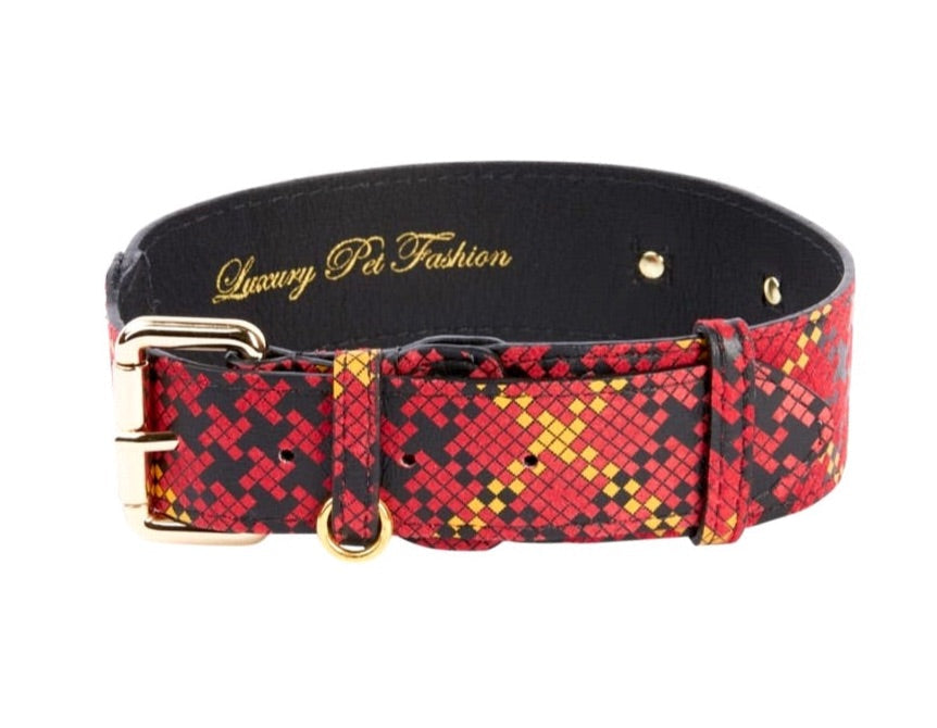 Luxury Pet Fashion Plaid Italian Leather Collar showcasing gold classic hardware on plaid leather