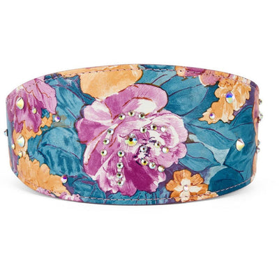Floral Print Italian Leather 3” Wide Style Collar laid flat, showing floral pattern and crystal details