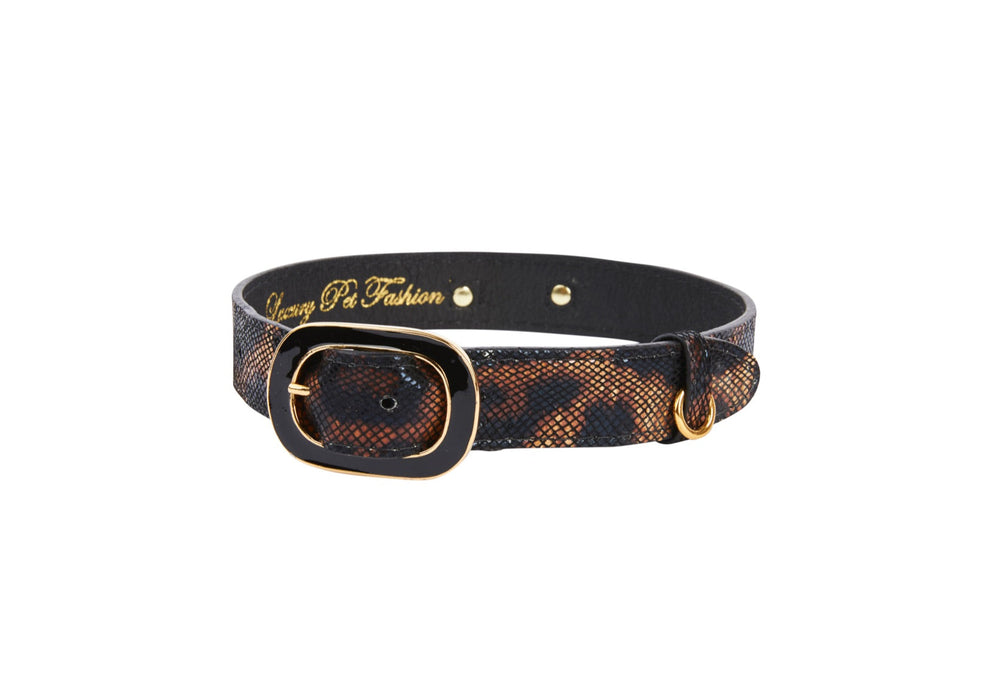 Black and brown leopard print leather bracelet with a gold-tone rectangular buckle and gold-tone rings, featuring gold cursive text on the inner side.