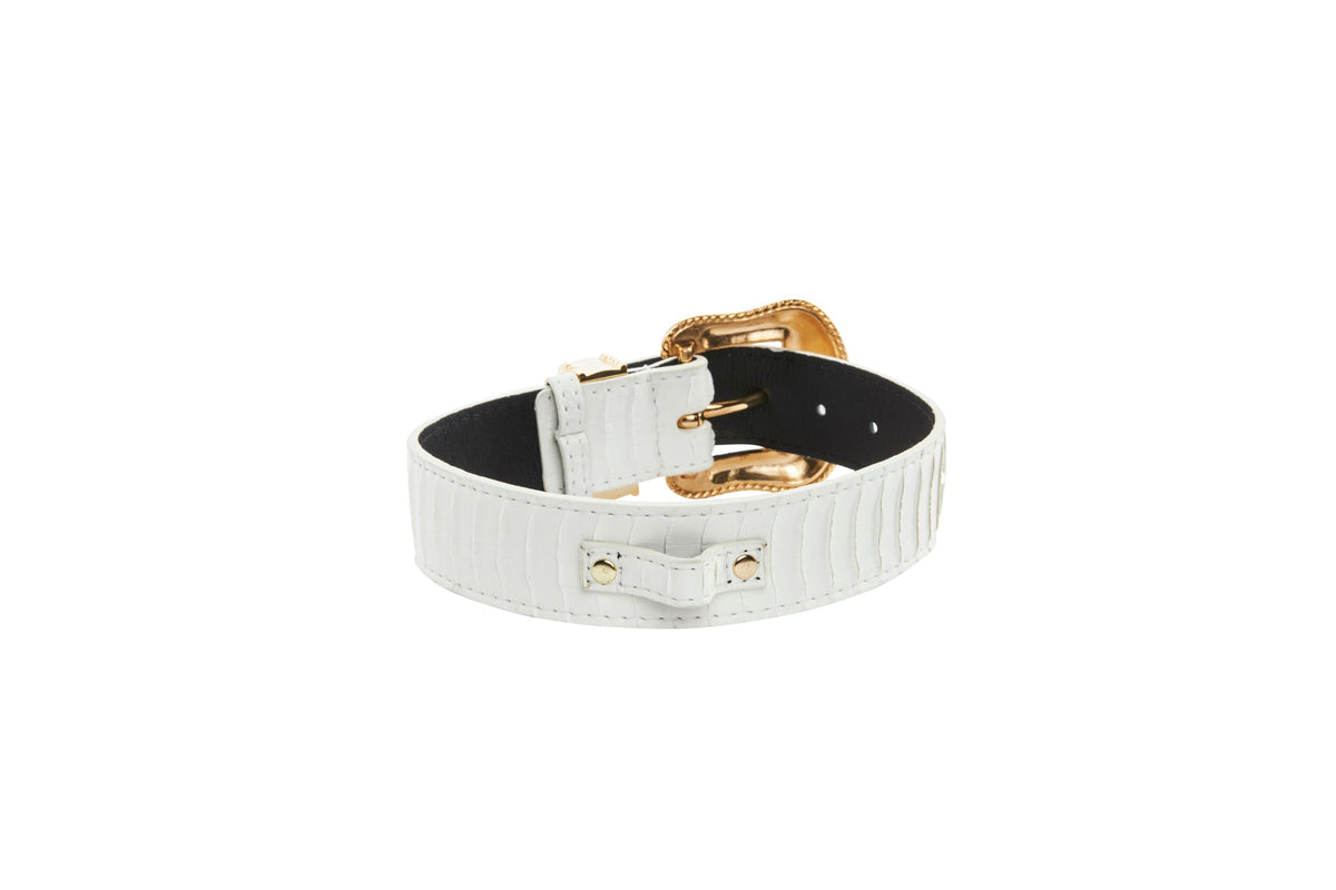 Matte white snake-textured collar with a gold-toned buckle and two small gold rivets on a loop detail, shown against a white background.