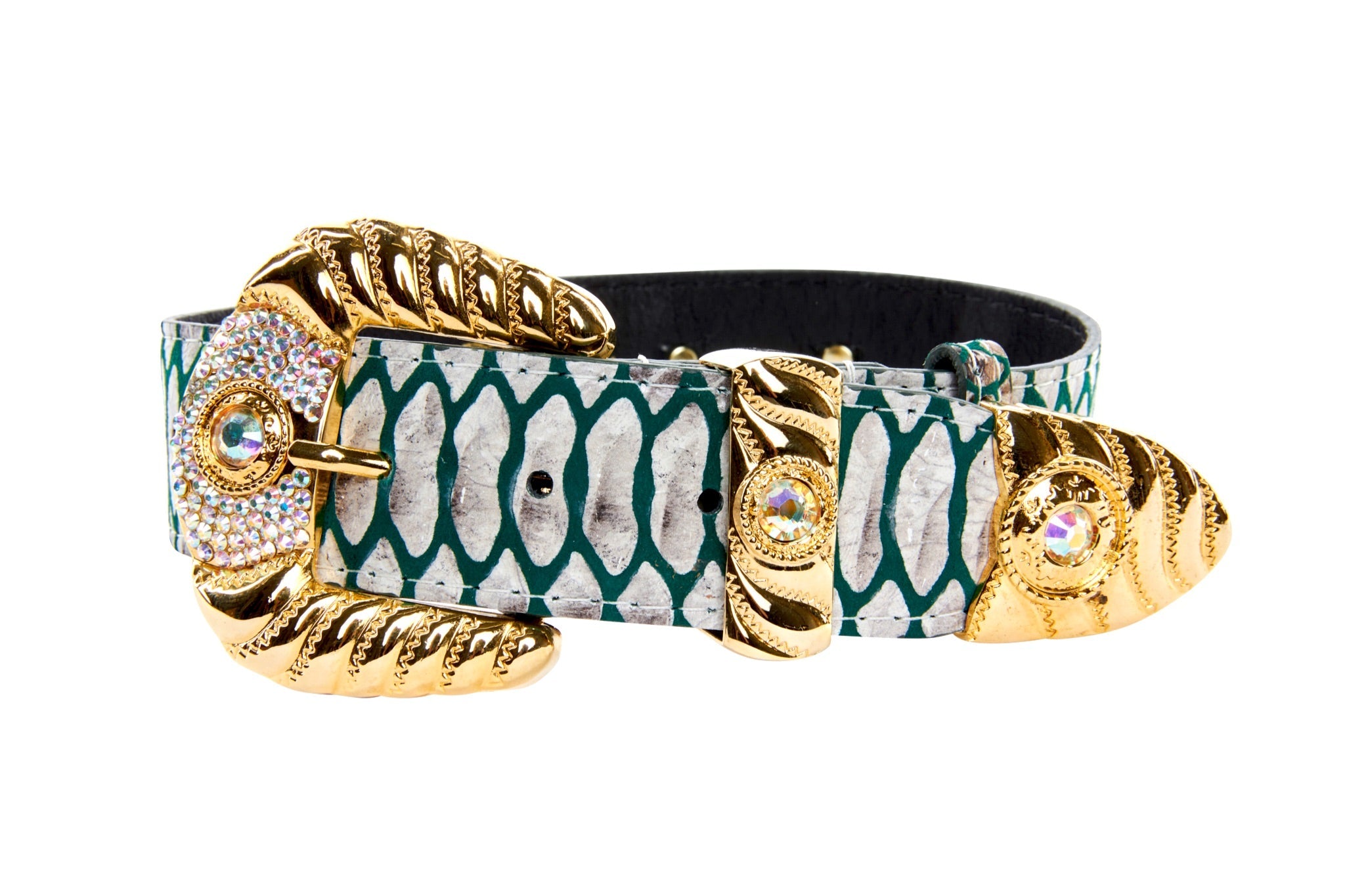 Green & Off White Embossed Python Print Italian Leather With Ornate by Allysa Payne Beverly Hills - main product image for Resin Society