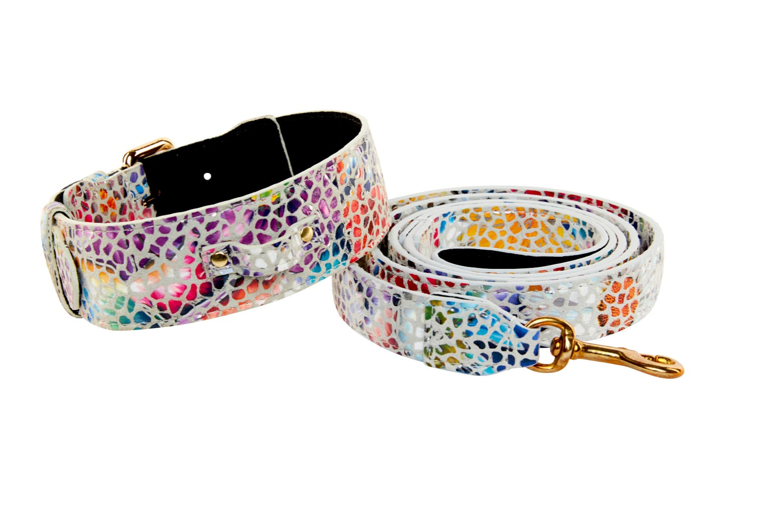 White Floral Mosaic Italian Leather Collar & Leash Set With Gold