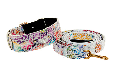 White Floral Mosaic Italian Leather Collar & Leash Set With Gold