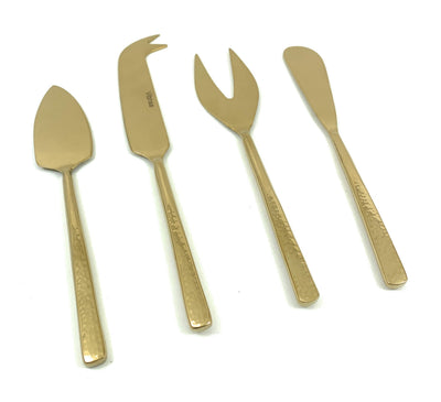 Set of 4 stainless steel cheese knives with golden hammered handles displayed on wood surface