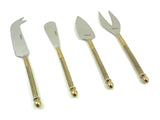 Set of four cheese knives with stainless steel blades and golden handles featuring a twisted design and rounded ends, arranged on a white background.