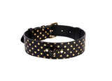 Black Italian leather dog collar decorated with a pattern of shiny gold polka dots and a gold buckle, slightly curved view showing adjustment holes.