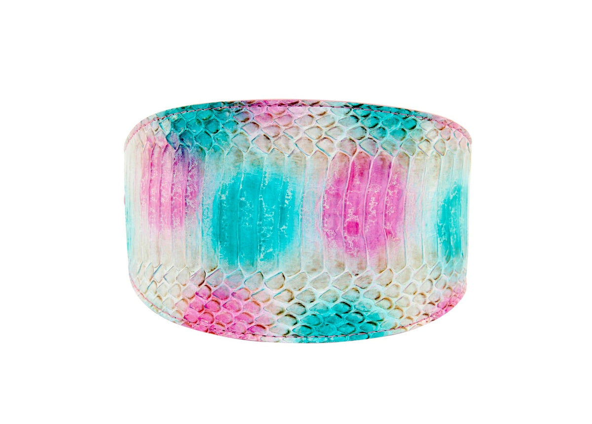 Wide 4-inch collar with a textured snake pattern featuring turquoise, fuchsia, and off-white colors arranged in irregular circular patches.