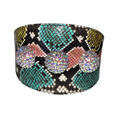 Multi-Color Embossed Snake Italian Leather Wide Style Collar adorned with three Swarovski crystal rivets