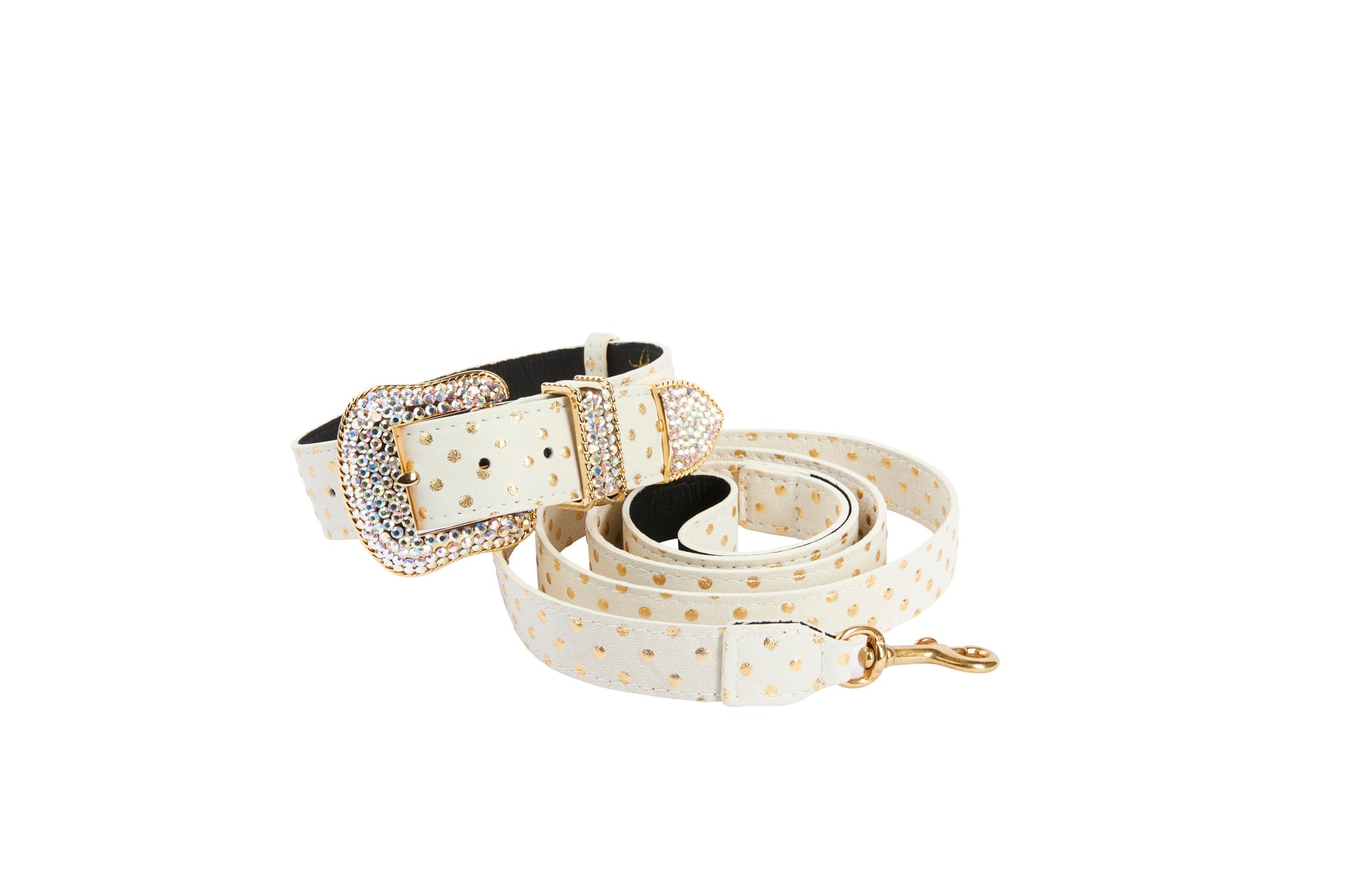 White and Gold Polka Dot Italian Leather Collar & Leash Set with Swarovski crystal hardware
