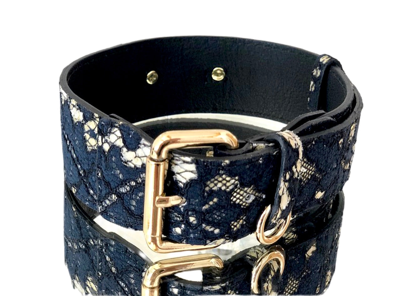 Luxury pet collar in navy lace overlay on leather with gold hardware