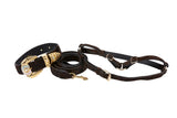 Dark brown leather belt with an ornate gold buckle and an attached matching leather strap with gold clips and adjustable buckles, laid out flat on white.