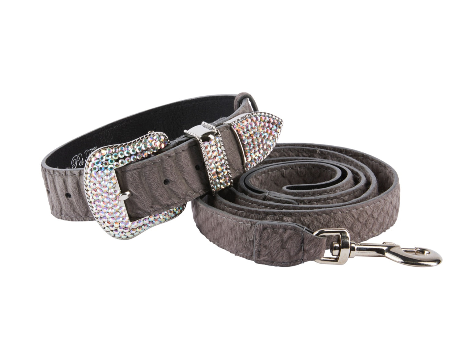 Dark Grey Snake Print Hair On Hide Italian Leather Collar & Leash Set