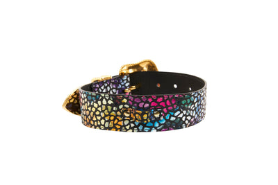 Luxury Pet Fashion Burgundy & Black Floral Mosaic Italian Leather Collar Set with Silver Swarovski Crystal Hardware