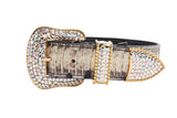 Off-white and black snake-patterned collar with gold hardware encrusted with multicolored Swarovski crystals on the buckle, loop, and tip, shown flat.
