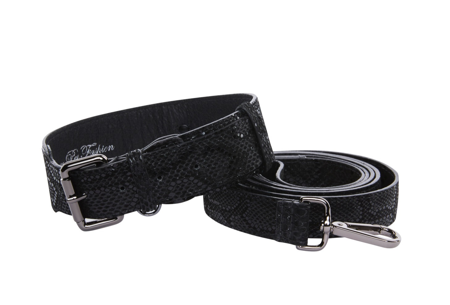 Glamorous Black Snake Print Italian Leather With Gun Metal Grey