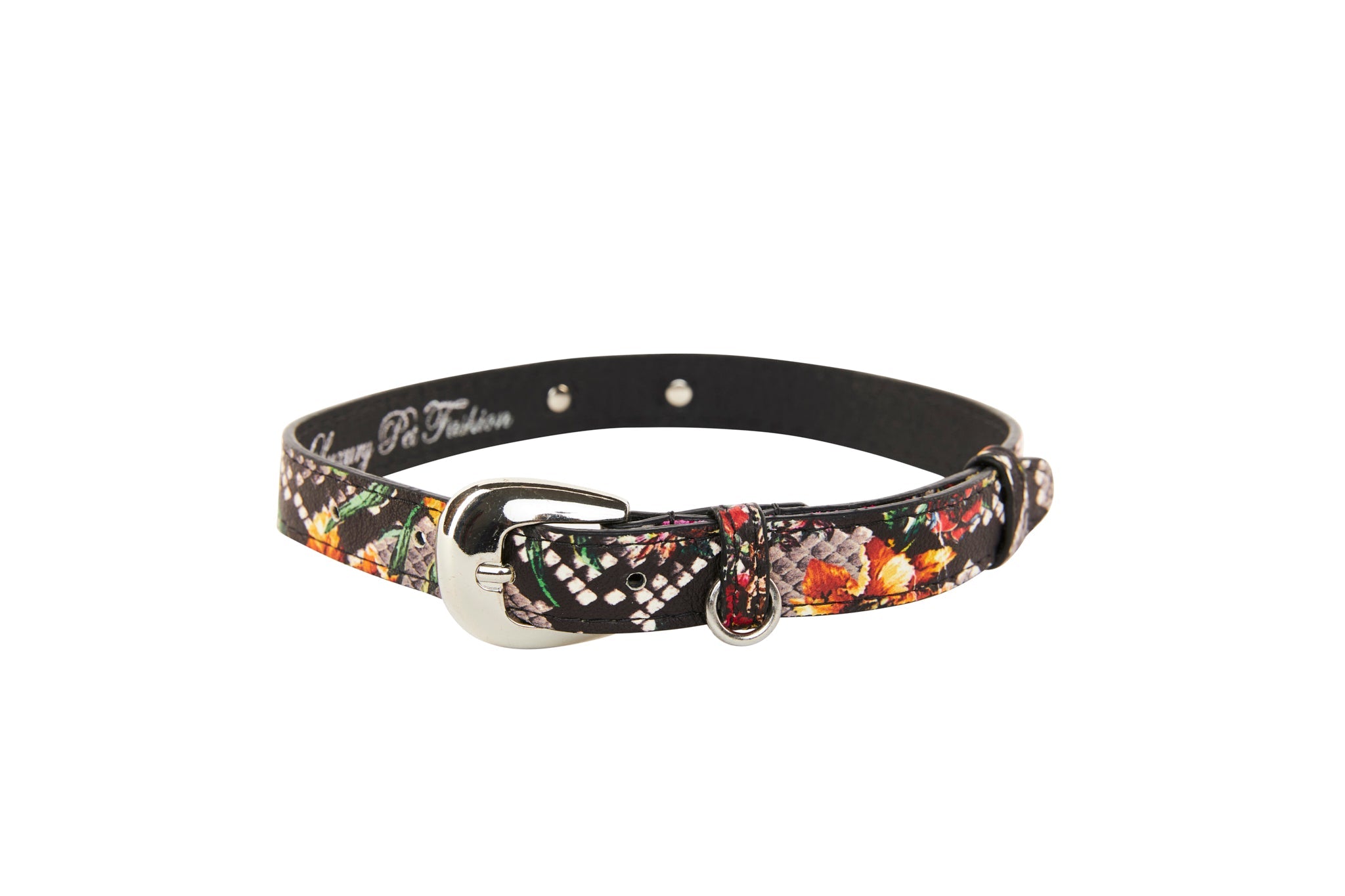 Floral, Scull, Snake Print Italian Leather Collar With Silver Oval