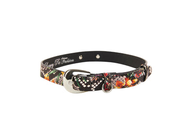 Floral, Scull, Snake Print Italian Leather Collar With Silver Oval