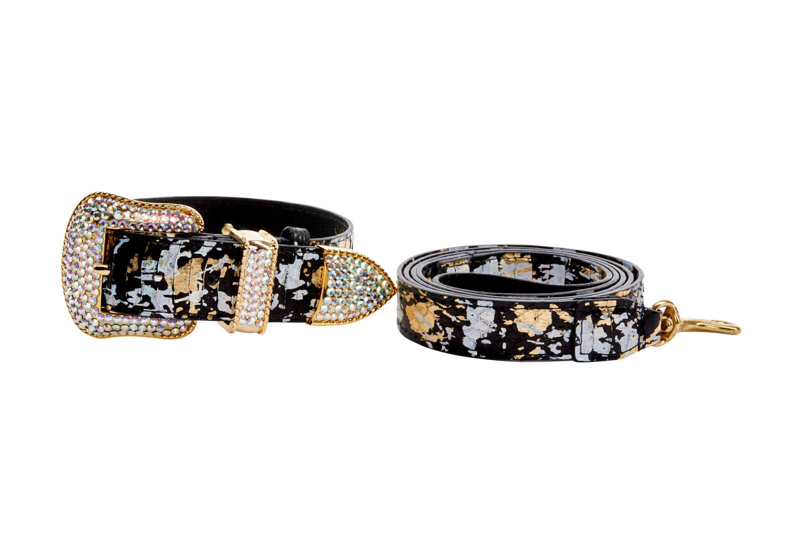 Black, Gold, Silver Iridescent Snake Collar & Leash Set With Swarovski