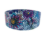 Dark midnight blue Italian leather collar with a floral mosaic pattern in shades of purple, pink, and yellow, featuring a 3-inch wide curved design.