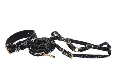 Dark Navy Lace On Gold Italian Leather Classic Collar